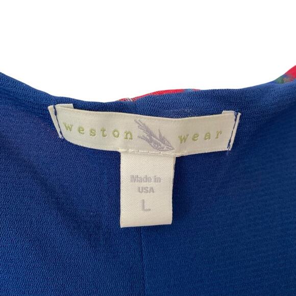 Weston Wear Long V-Neck Mesh Maxi Dress Belted Blue Red size large - Picture 5 of 8